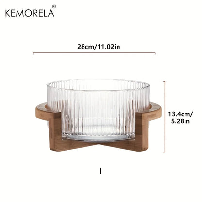 Decorative Glass Bowl with Wood Stand - Round Serving Bowl for Living Room"