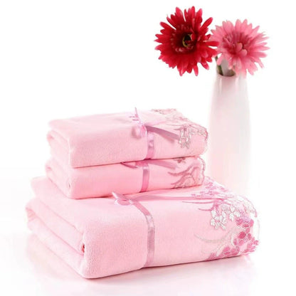 Lace-Trimmed Towel Set 3pcs - Soft Absorbent Embroidered Gift Set