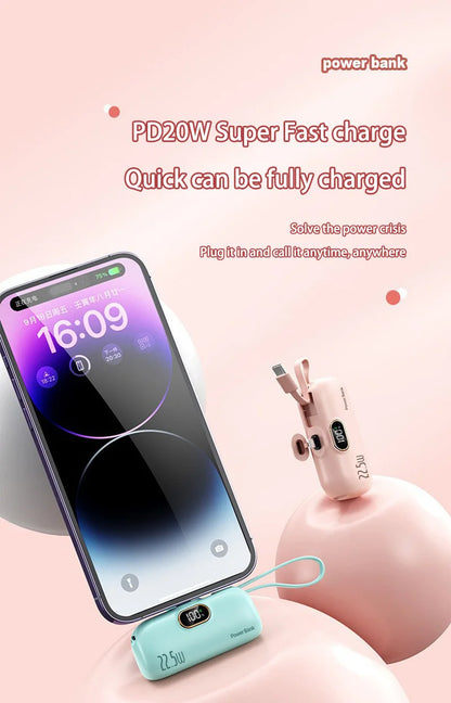 Digital -High Capacity Power Bank 30000mAh - Mini Capsule Fast Charger Mobile Battery Battery with Cable