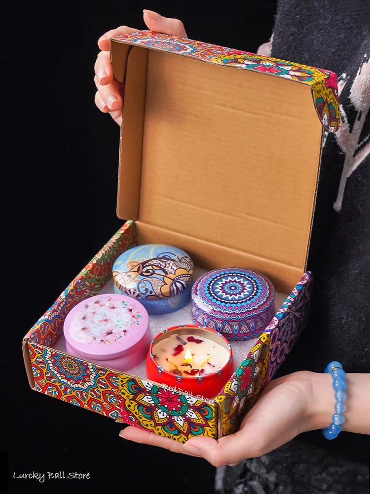 Scented Candle Set 4pcs - Soy Candles with Crystals & Dried Flowers