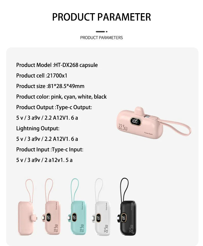 Digital -High Capacity Power Bank 30000mAh - Mini Capsule Fast Charger Mobile Battery Battery with Cable