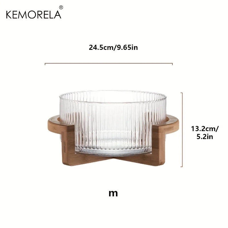 Decorative Glass Bowl with Wood Stand - Round Serving Bowl for Living Room"