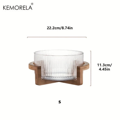 Decorative Glass Bowl with Wood Stand - Round Serving Bowl for Living Room"