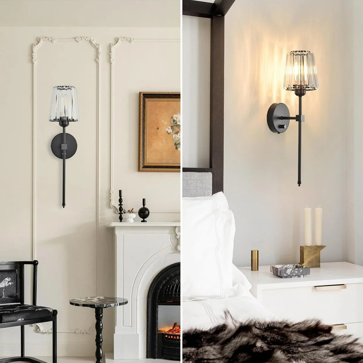 Rechargeable Crystal Wall Lights - No Wiring American Style LED Bedroom Lamps