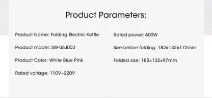 Electric Kettle Mini Foldable 600ml Water Heater Home Hot Water Portable Kitchen Kettle 220V Travel Electric Kettle