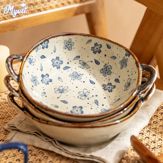 Handled Ceramic Noodle Bowl Japanese - 7.5 Inch Microwave Safe Soup Bowl