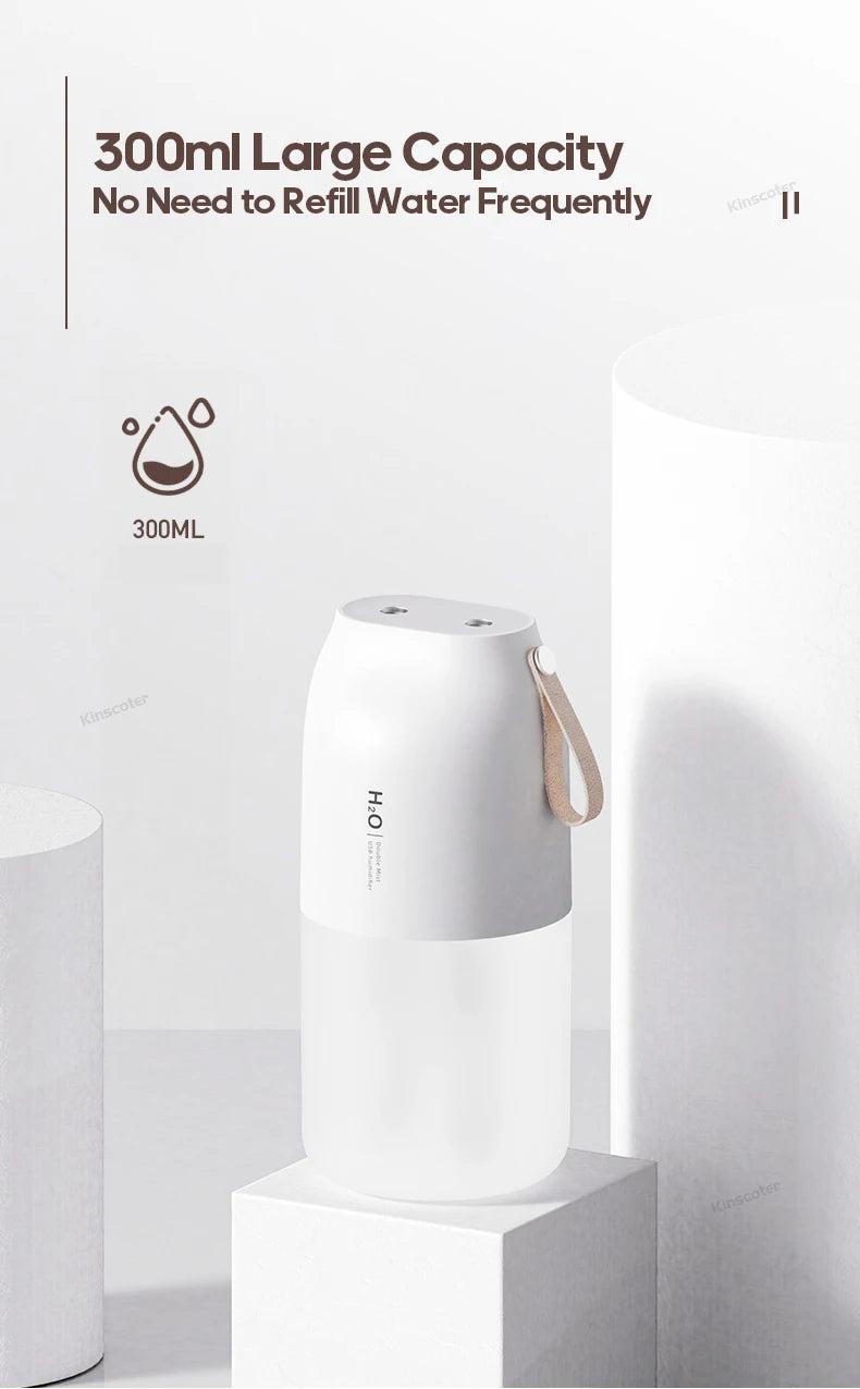Ultrasonic Humidifier 300ml - Rechargeable 2000mAh USB Portable Mist Diffuser