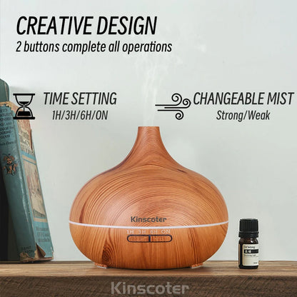 Aromatherapy Diffuser 500ml - Wood Grain Ultrasonic Humidifier 7 Colour LED
