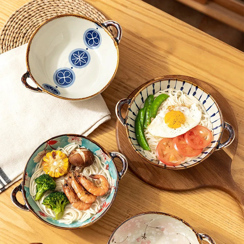 Handled Ceramic Noodle Bowl Japanese - 7.5 Inch Microwave Safe Soup Bowl