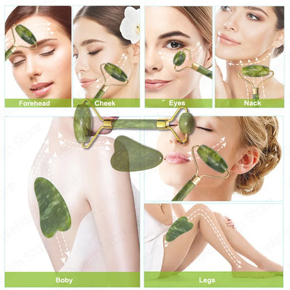 Jade Gua Sha & Roller Set - Natural Stone Facial Massage Beauty Tool