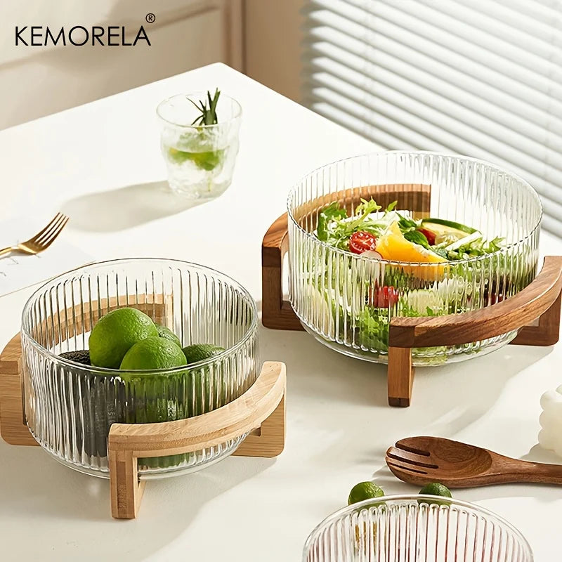 Decorative Glass Bowl with Wood Stand - Round Serving Bowl for Living Room"