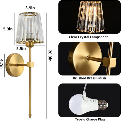 Rechargeable Crystal Wall Lights - No Wiring American Style LED Bedroom Lamps