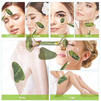 Jade Gua Sha & Roller Set - Natural Stone Facial Massage Beauty Tool