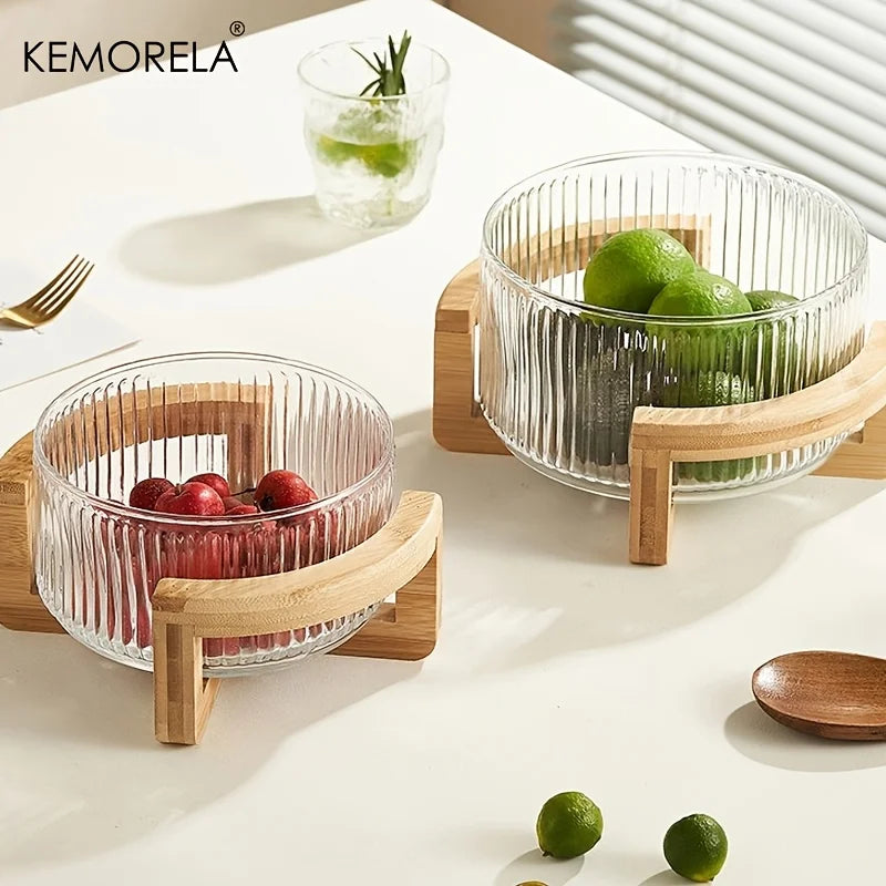 Decorative Glass Bowl with Wood Stand - Round Serving Bowl for Living Room"