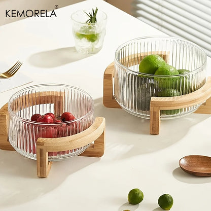 Decorative Glass Bowl with Wood Stand - Round Serving Bowl for Living Room"