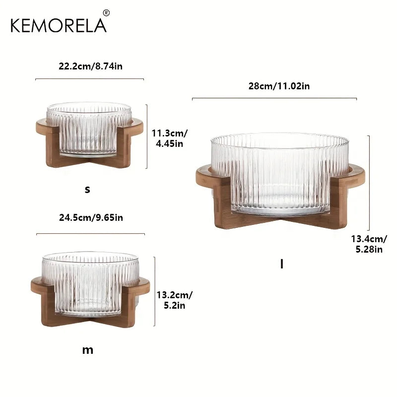 Decorative Glass Bowl with Wood Stand - Round Serving Bowl for Living Room"