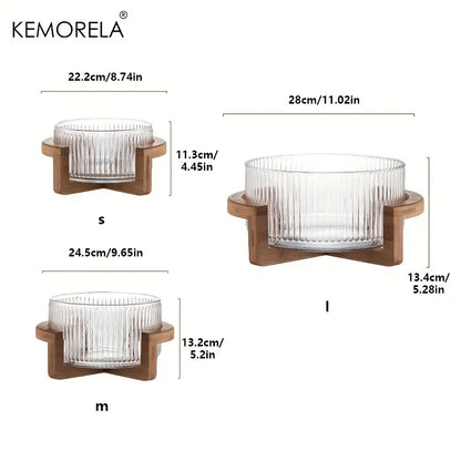 Decorative Glass Bowl with Wood Stand - Round Serving Bowl for Living Room"
