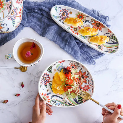 Handled Porcelain Plates Floral Design - Serving Plates for Desserts and Salads"