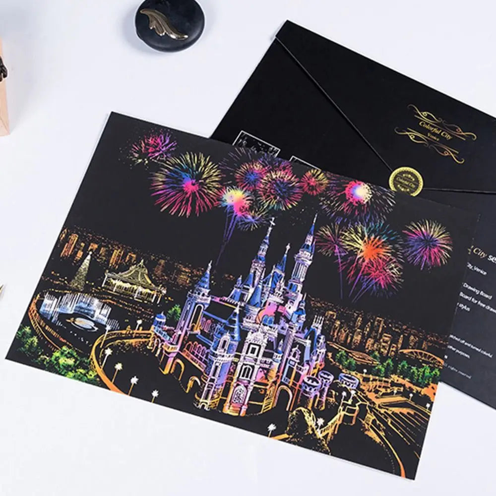 A complete scratch painting set featuring castles, flames and landscapes. Comes with tools – perfect for gifting or relaxing craft time.