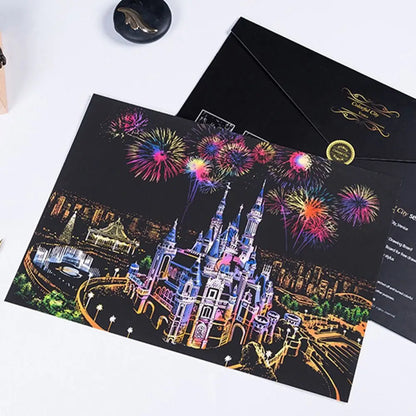 A complete scratch painting set featuring castles, flames and landscapes. Comes with tools – perfect for gifting or relaxing craft time.