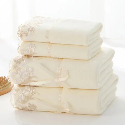 Lace-Trimmed Towel Set 3pcs - Soft Absorbent Embroidered Gift Set