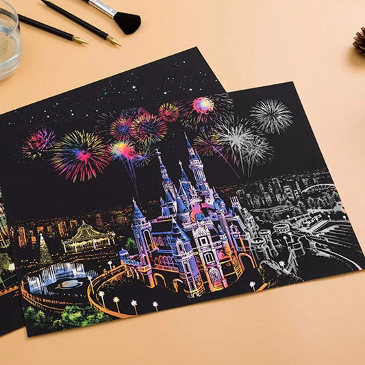 A complete scratch painting set featuring castles, flames and landscapes. Comes with tools – perfect for gifting or relaxing craft time.