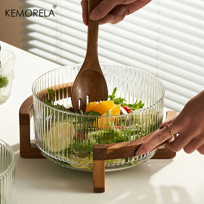 Decorative Glass Bowl with Wood Stand - Round Serving Bowl for Living Room"