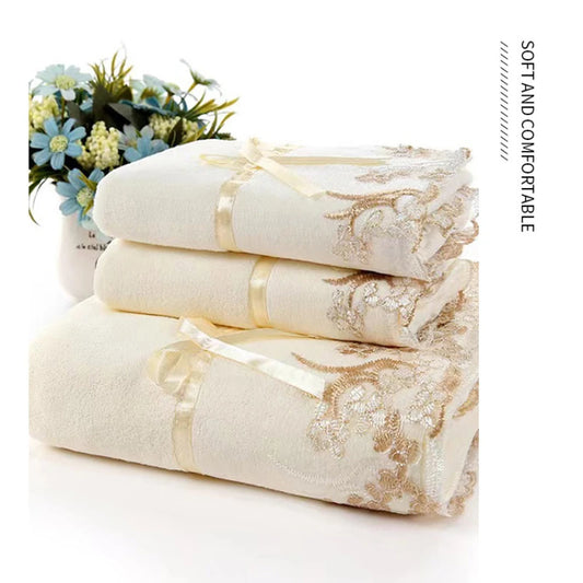 Lace-Trimmed Towel Set 3pcs - Soft Absorbent Embroidered Gift Set