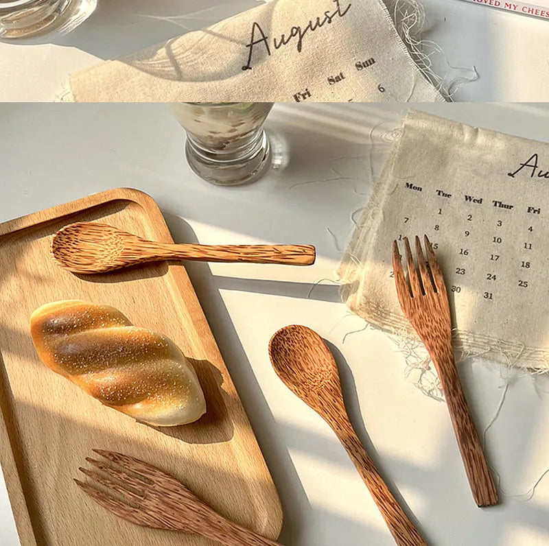 Natural Coconut Tableware Set - Handmade Wooden Cutlery for Desserts"