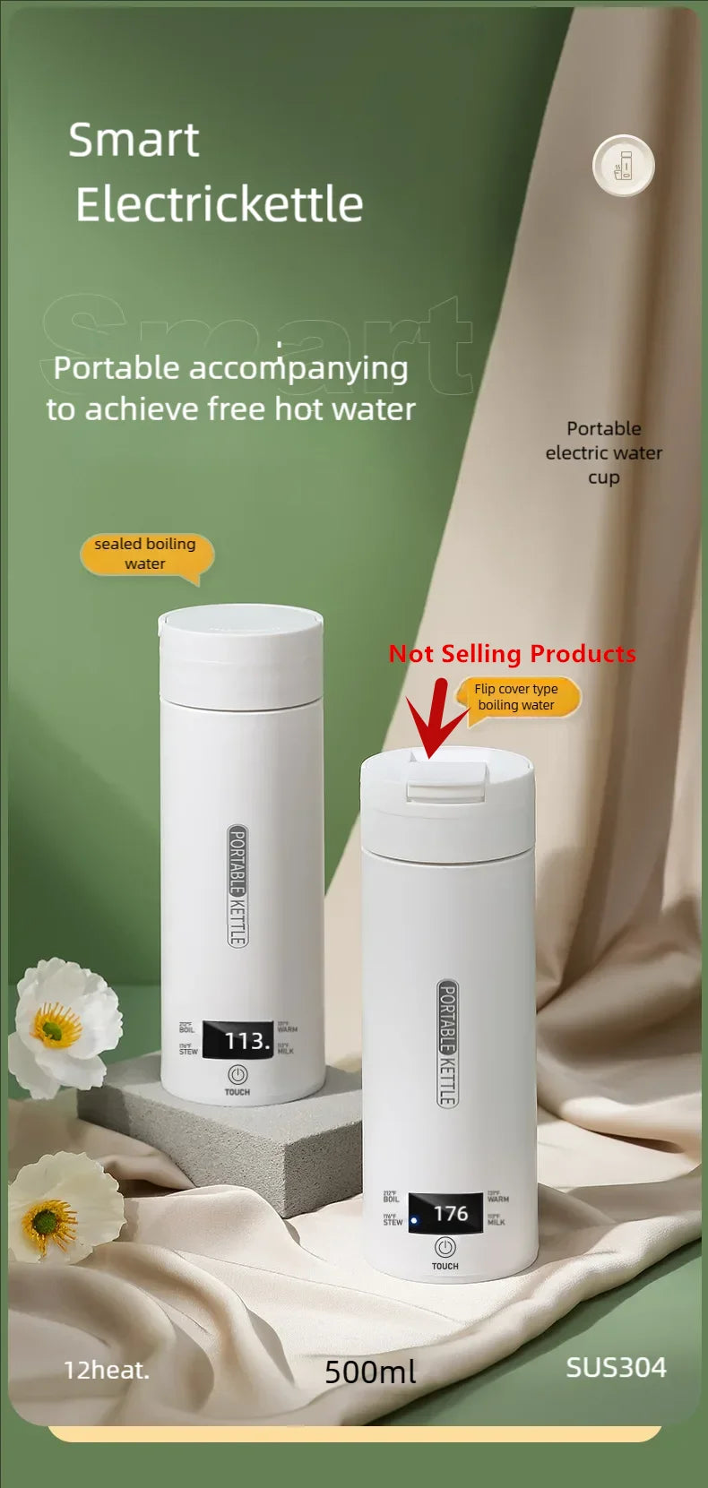 Electric Kettle 500ml Portable Travel - Tea Coffee Water Heater