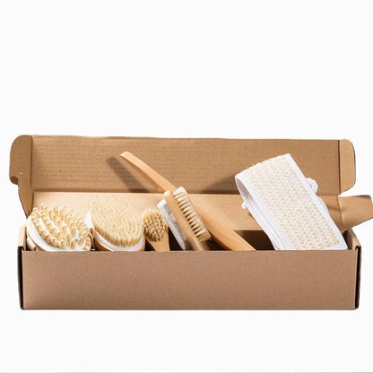 Natural Bristle Brush Set 5pcs - Spa Body Exfoliating Massager