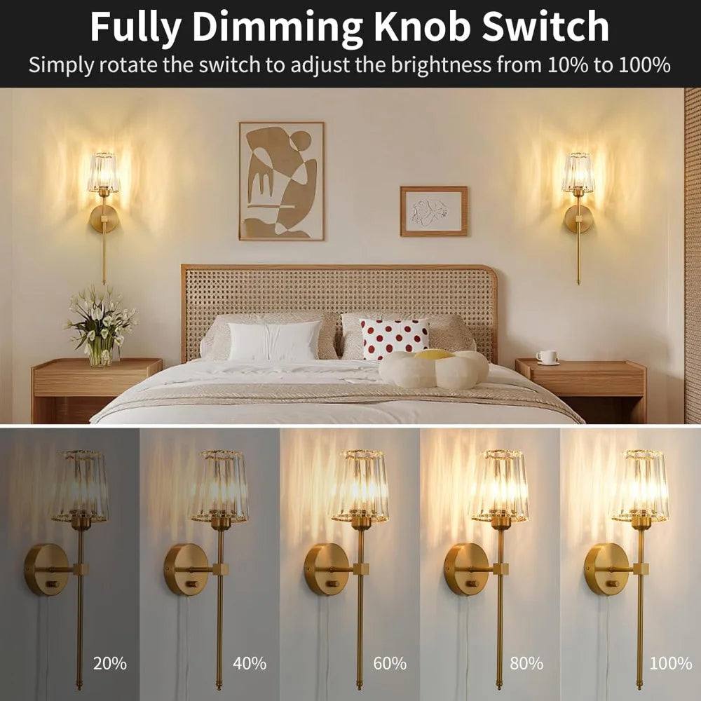 Rechargeable Crystal Wall Lights - No Wiring American Style LED Bedroom Lamps