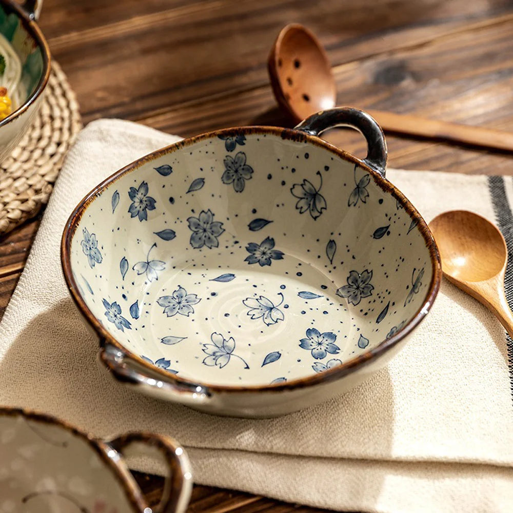 Handled Ceramic Noodle Bowl Japanese - 7.5 Inch Microwave Safe Soup Bowl