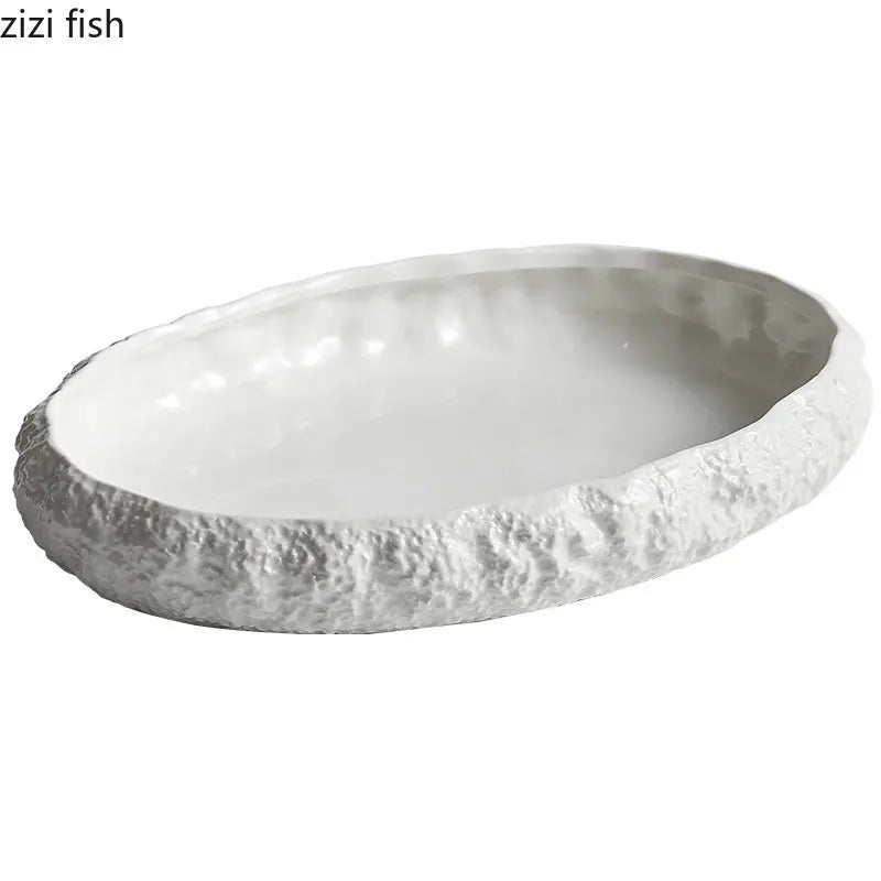 Textured Ceramic Dinner Plate - Pure White Rock Pattern Plate for Steaks