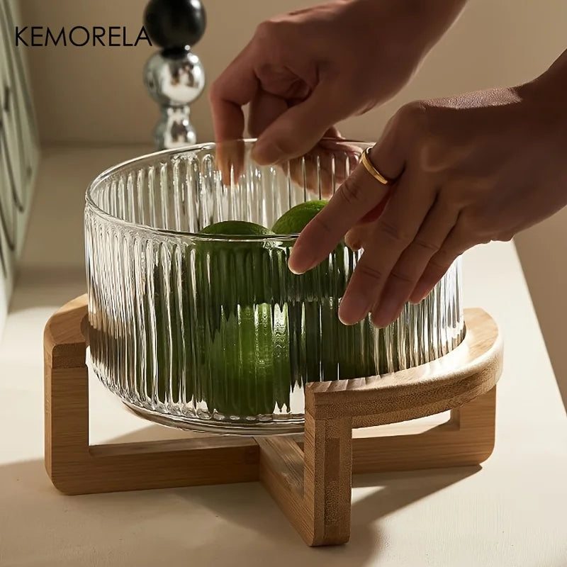 Decorative Glass Bowl with Wood Stand - Round Serving Bowl for Living Room"