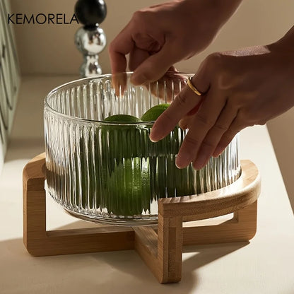 Decorative Glass Bowl with Wood Stand - Round Serving Bowl for Living Room"