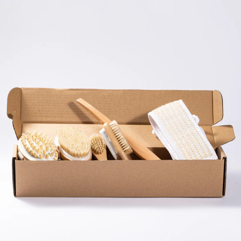 Natural Bristle Brush Set 5pcs - Spa Body Exfoliating Massager