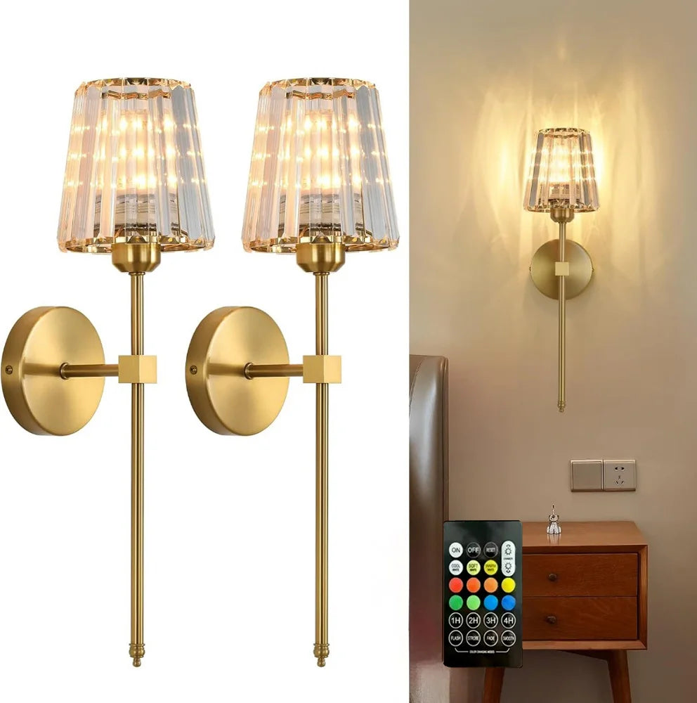Rechargeable Crystal Wall Lights - No Wiring American Style LED Bedroom Lamps