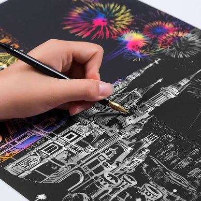 A complete scratch painting set featuring castles, flames and landscapes. Comes with tools – perfect for gifting or relaxing craft time.