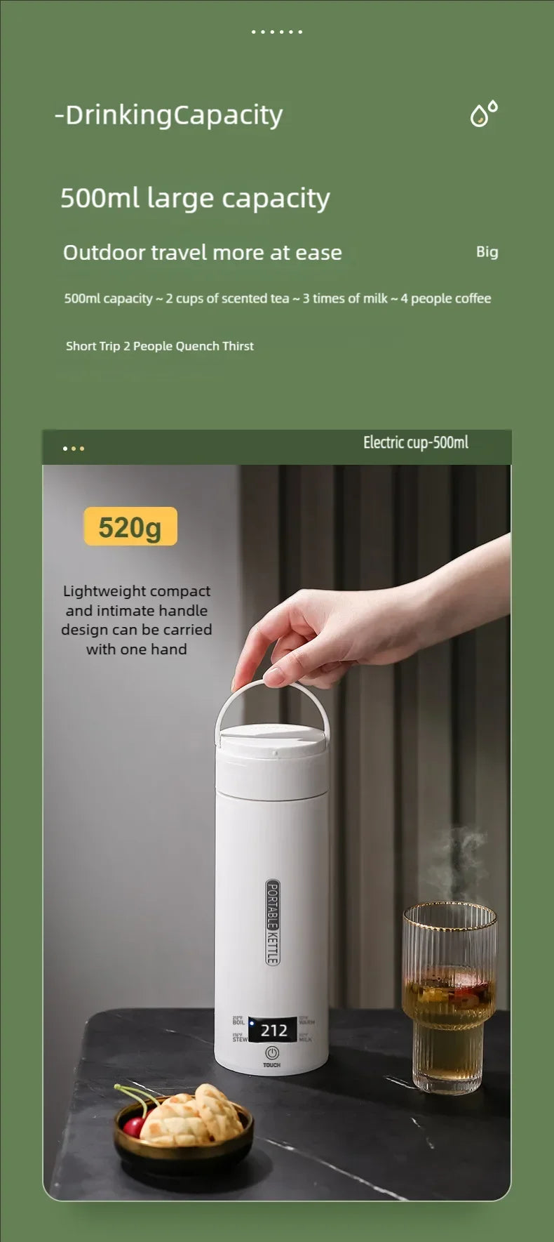 Electric Kettle 500ml Portable Travel - Tea Coffee Water Heater