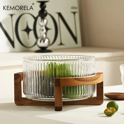 Decorative Glass Bowl with Wood Stand - Round Serving Bowl for Living Room"
