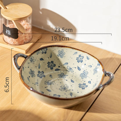 Handled Ceramic Noodle Bowl Japanese - 7.5 Inch Microwave Safe Soup Bowl