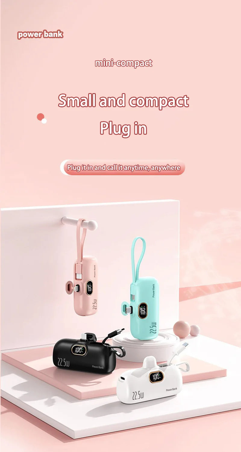 Digital -High Capacity Power Bank 30000mAh - Mini Capsule Fast Charger Mobile Battery Battery with Cable
