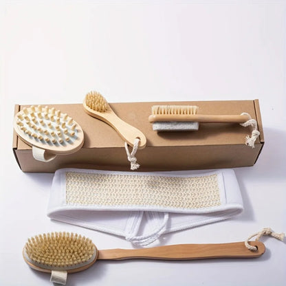 Natural Bristle Brush Set 5pcs - Spa Body Exfoliating Massager