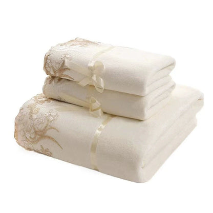 Lace-Trimmed Towel Set 3pcs - Soft Absorbent Embroidered Gift Set