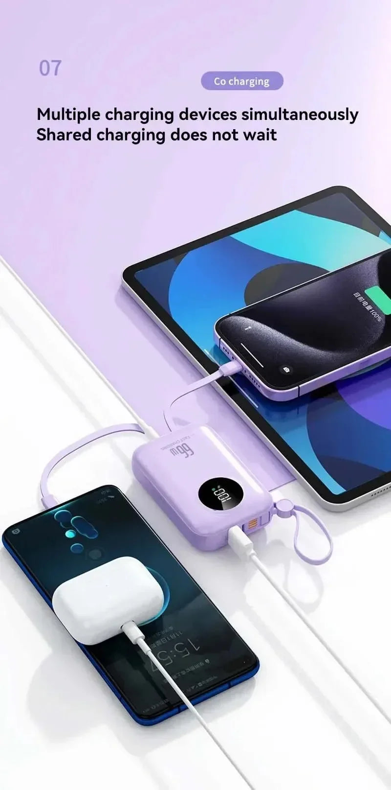 Portable Power Bank 20000mAh Digital - Fast Charging Mobile Battery with Cable