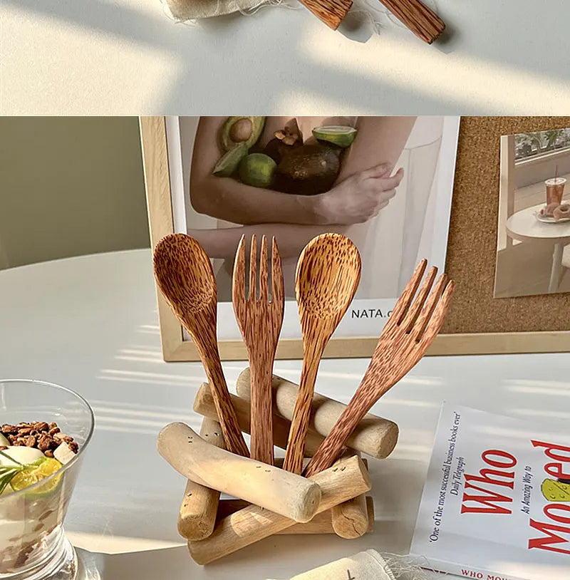 Natural Coconut Tableware Set - Handmade Wooden Cutlery for Desserts"