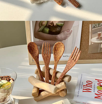 Natural Coconut Tableware Set - Handmade Wooden Cutlery for Desserts"