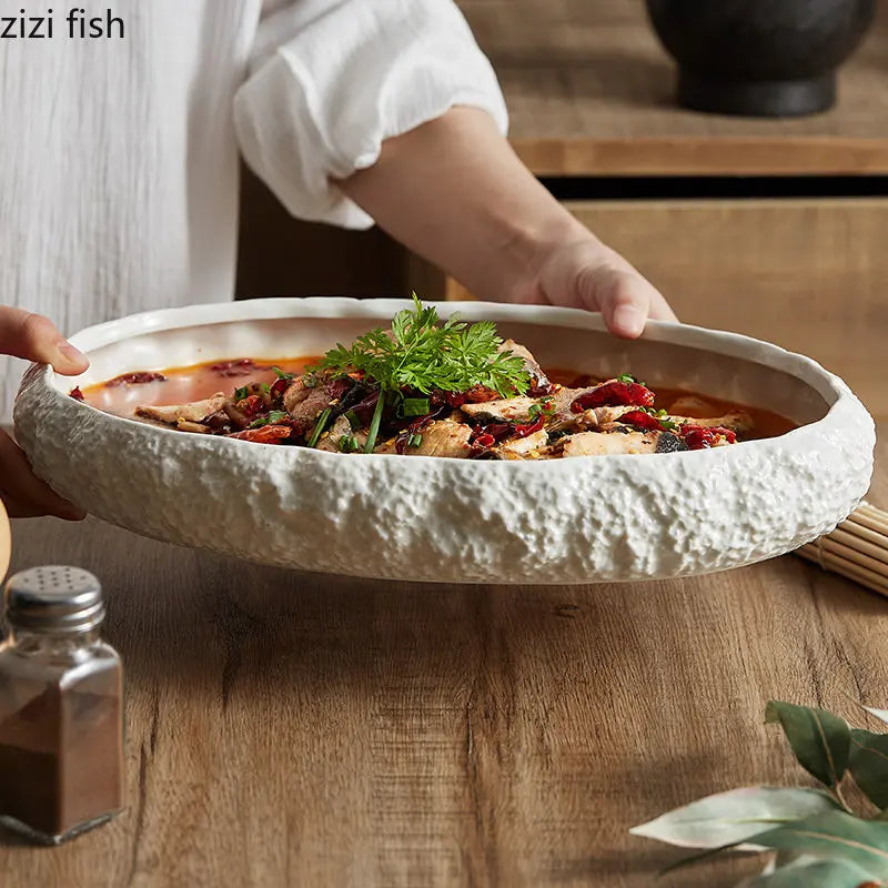 Textured Ceramic Dinner Plate - Pure White Rock Pattern Plate for Steaks