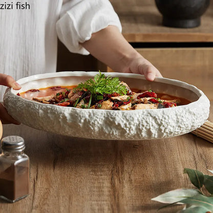 Textured Ceramic Dinner Plate - Pure White Rock Pattern Plate for Steaks